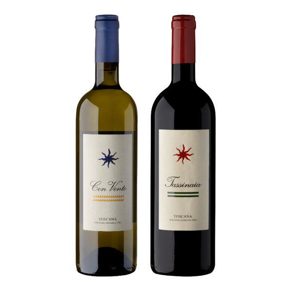 Toscana-lådan 3 vita + 3 röda, Con Vento samt Tassinaia, Castello del Terriccio, 6 flaskor